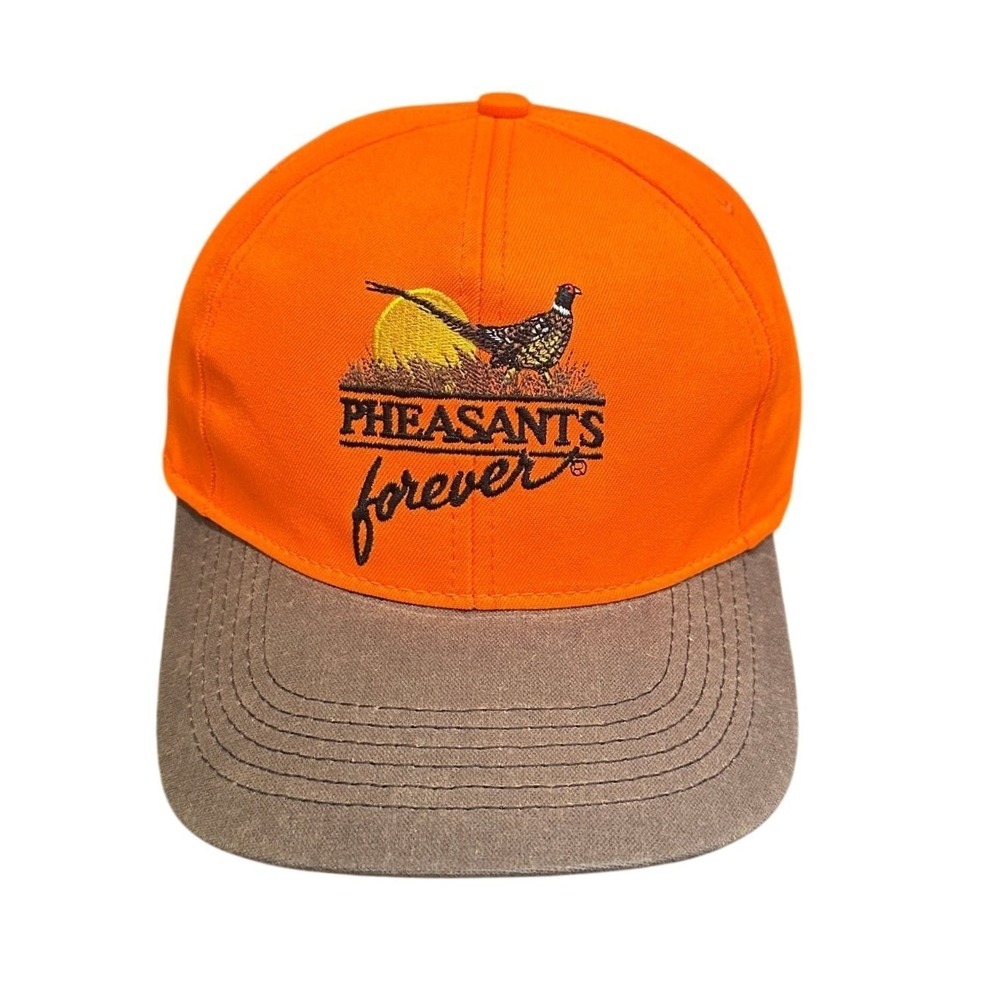 Vtg Pheasants Forever Outdoor Cap Hunting Hat Adjustable Orange Brown Made in US